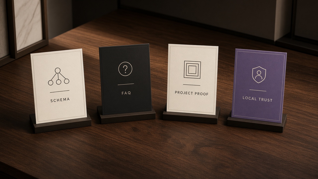 Four building blocks of an AI-Ready website: schema, FAQ, project proof, and local trust